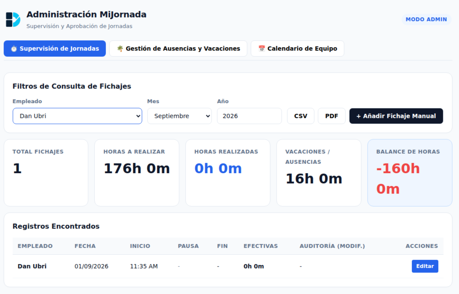 Panel de Calendario y Horas